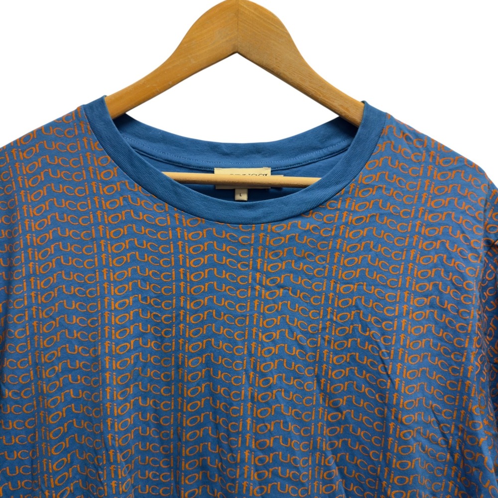Fiorucci Men's Sz Large Blue Orange AOP Spellout Logo Crewneck T-Shirt Italy euc